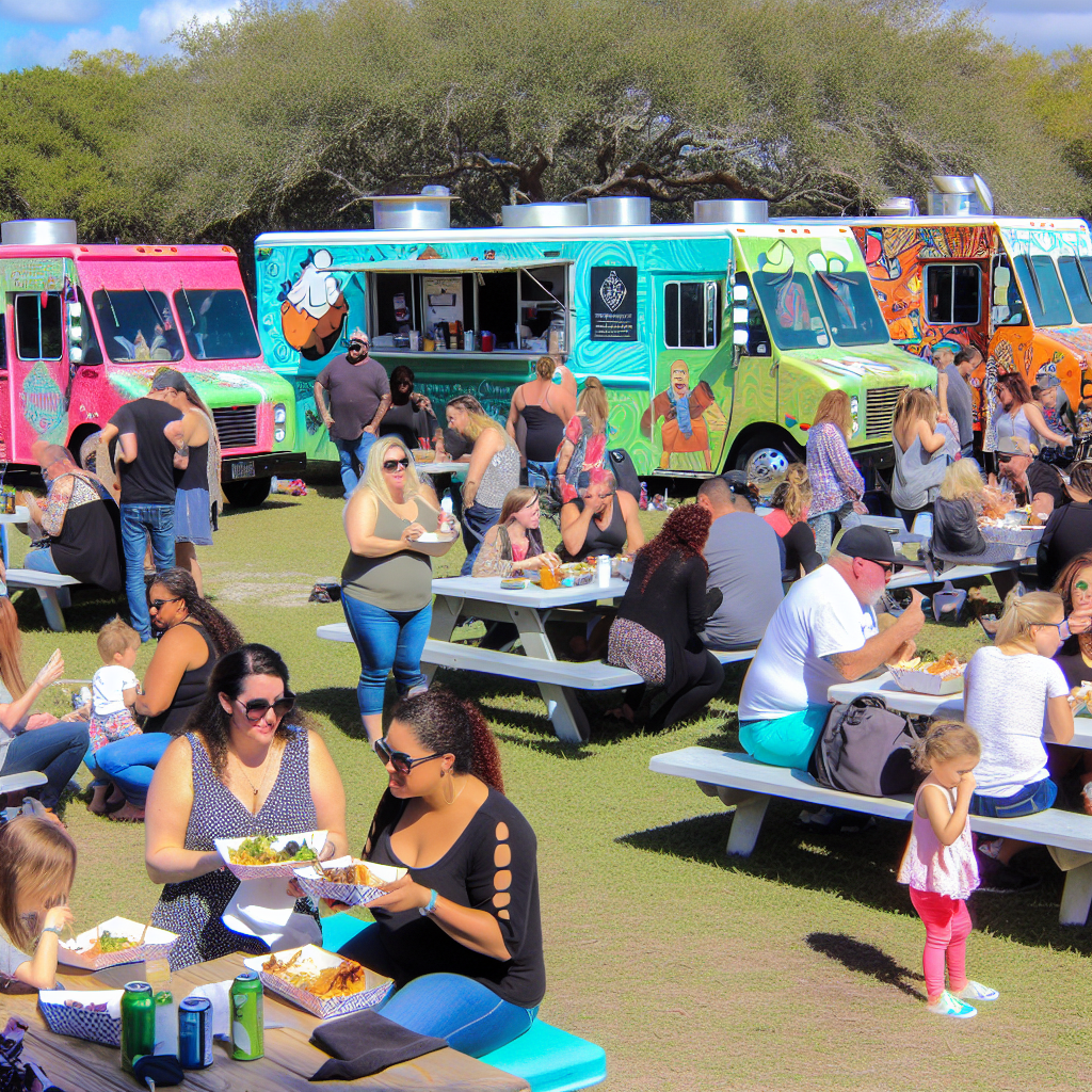 A vibrant food truck event filled with people enjoying food and engaging with vendors.