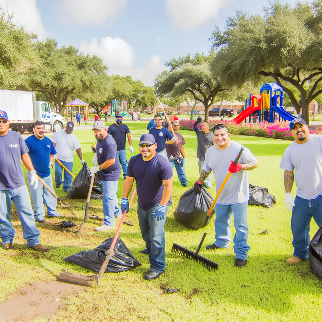 A group of trucking professionals volunteering at a community park clean-up event, illustrating teamwork and community spirit