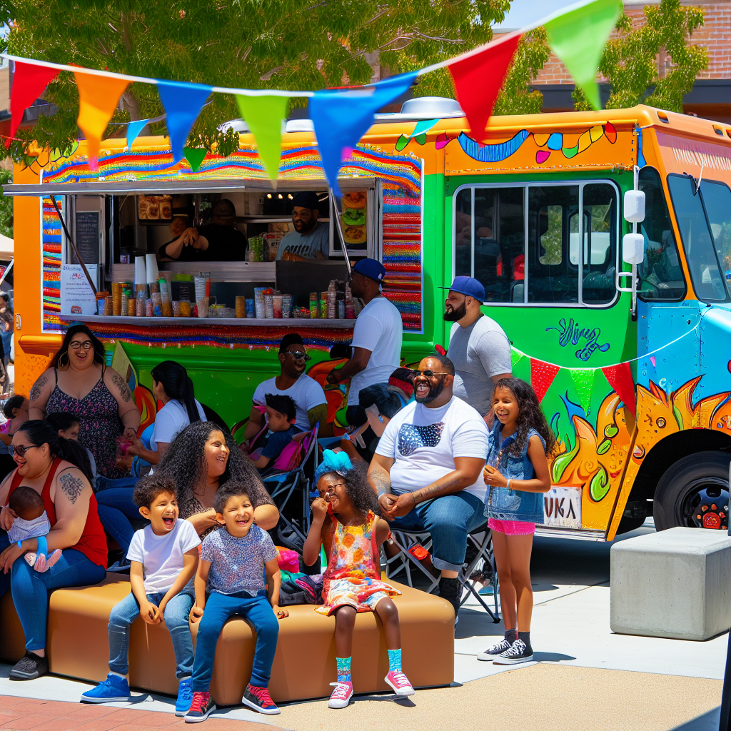 A vibrant food truck at a community event, surrounded by families and children