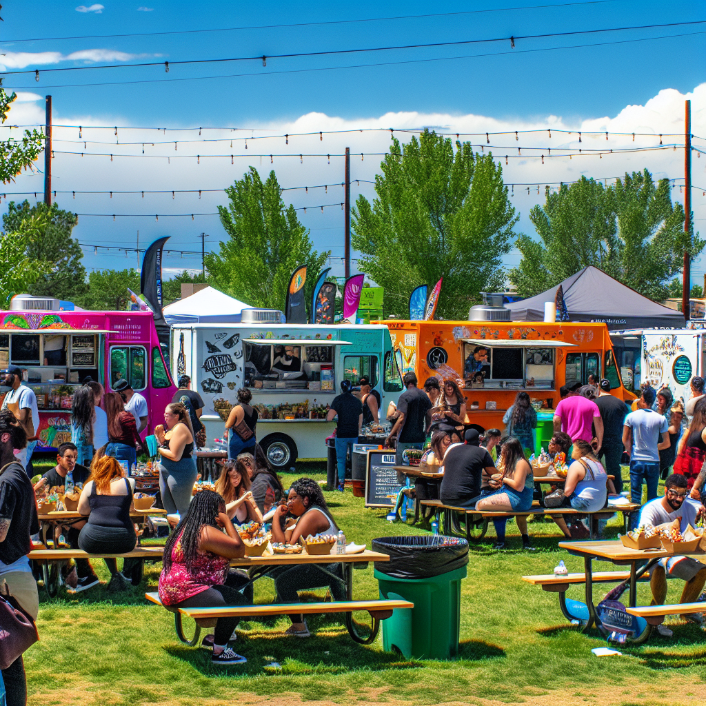 A vibrant outdoor scene depicting various food truck models parked in a lively atmosphere, showcasing a diverse range of food trucks and happy customers enjoying their meals in Lakewood.