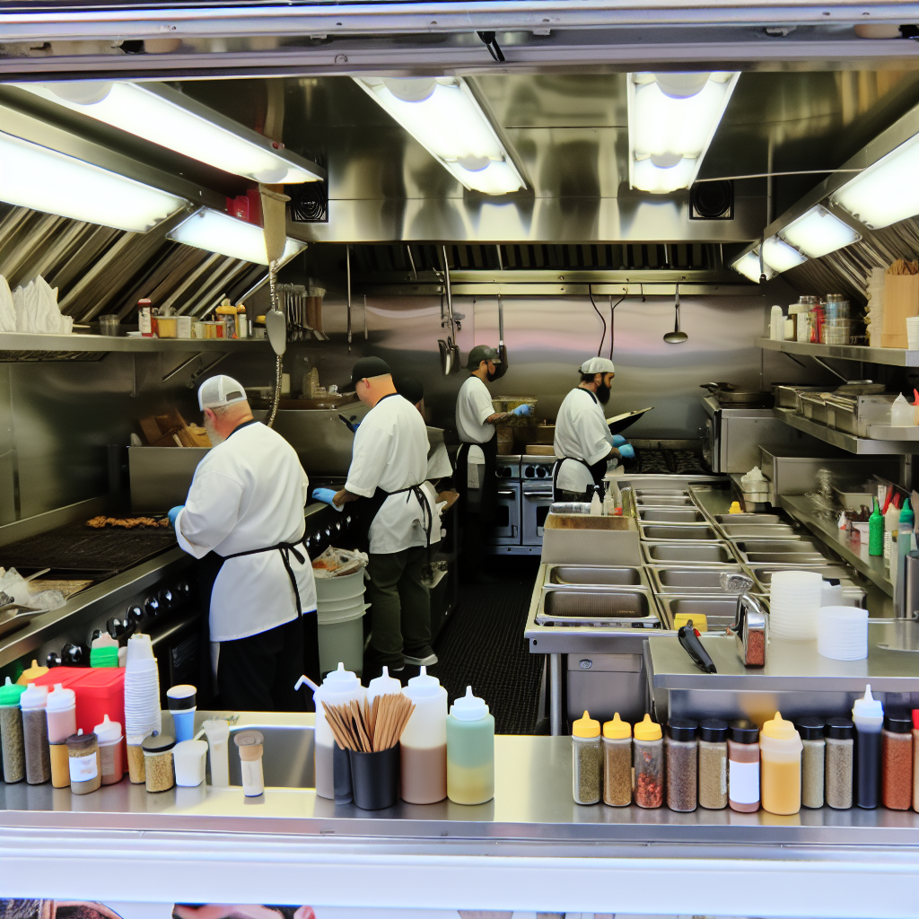 A professional kitchen setup inside a food truck, featuring modern cooking equipment and a well-organized layout to showcase efficient food preparation and service.
