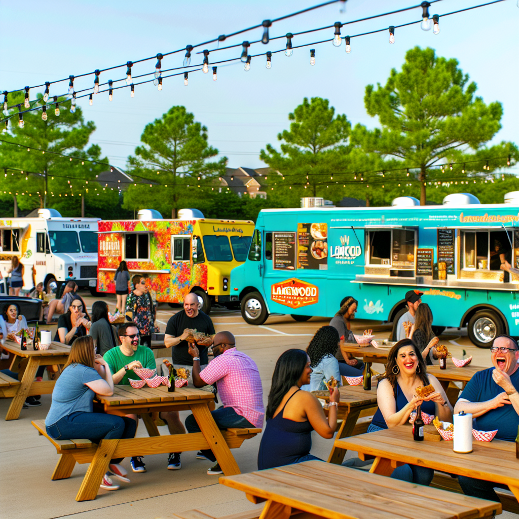 A vibrant outdoor scene depicting various food truck models parked in a lively atmosphere, showcasing a diverse range of food trucks and happy customers enjoying their meals in Lakewood.