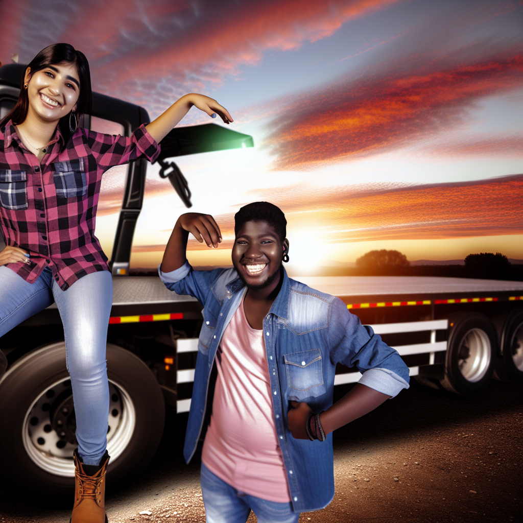 A young couple, Riya and Jot working together on a flatbed truck at sunset, symbolizing teamwork and balance in trucking.