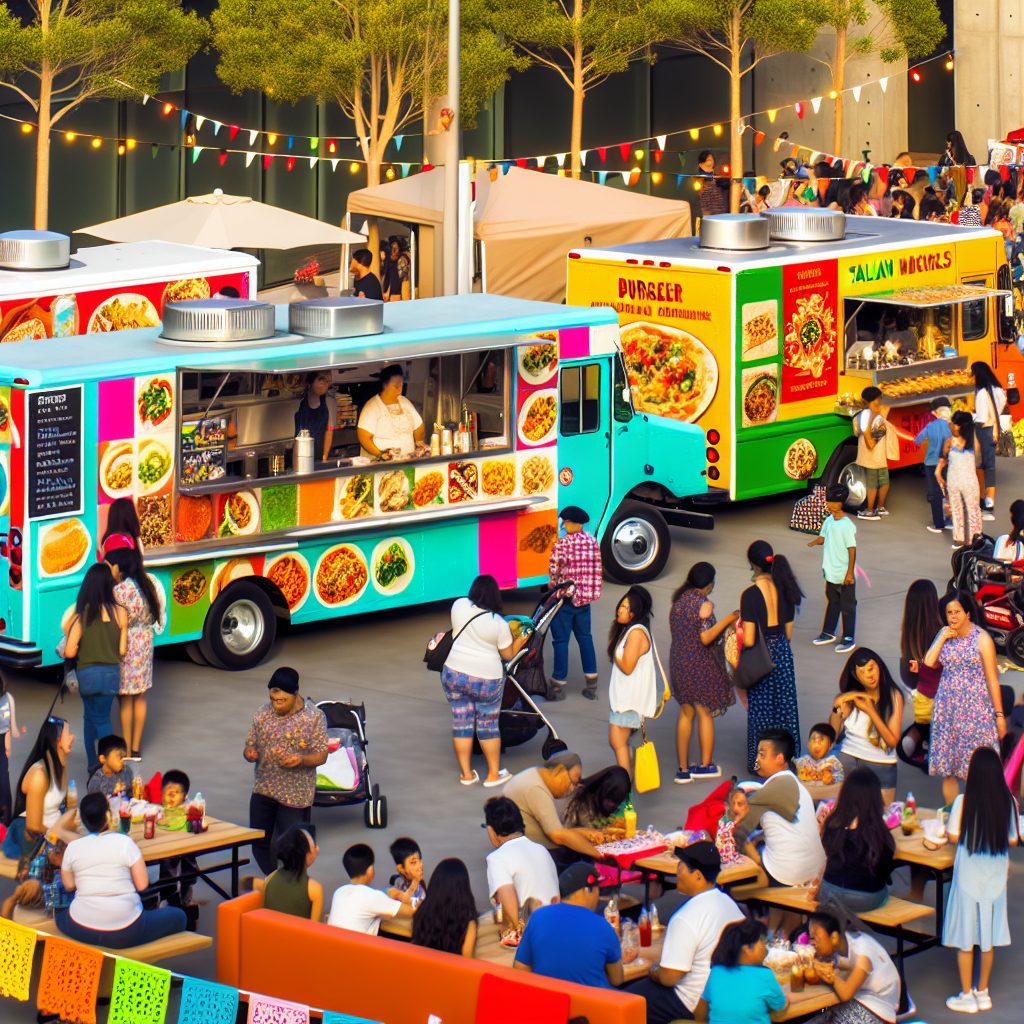 Illustration of a bustling food truck scene
