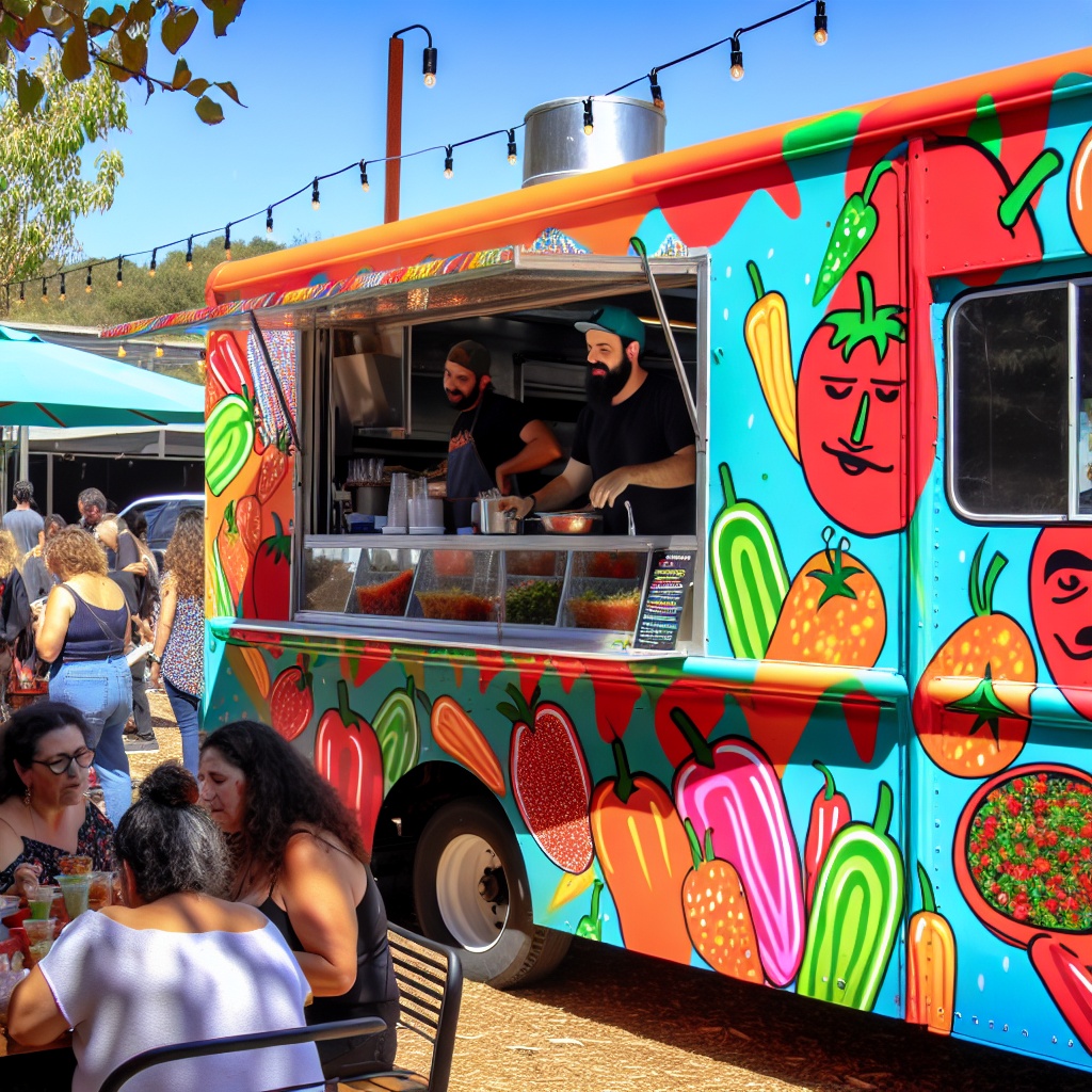 Colorful food truck serving salsa