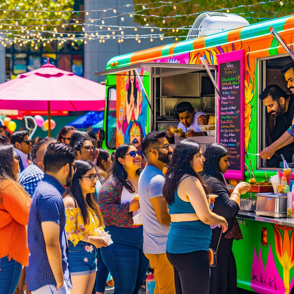 An image of a vibrant food truck in action at a busy event. This scene captures the lively atmosphere with people lining up, food being served, and colorful decorations around the food truck.