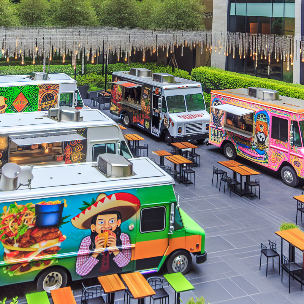 A variety of food trucks showcasing step vans, cargo vans, and trailers in a colorful setting