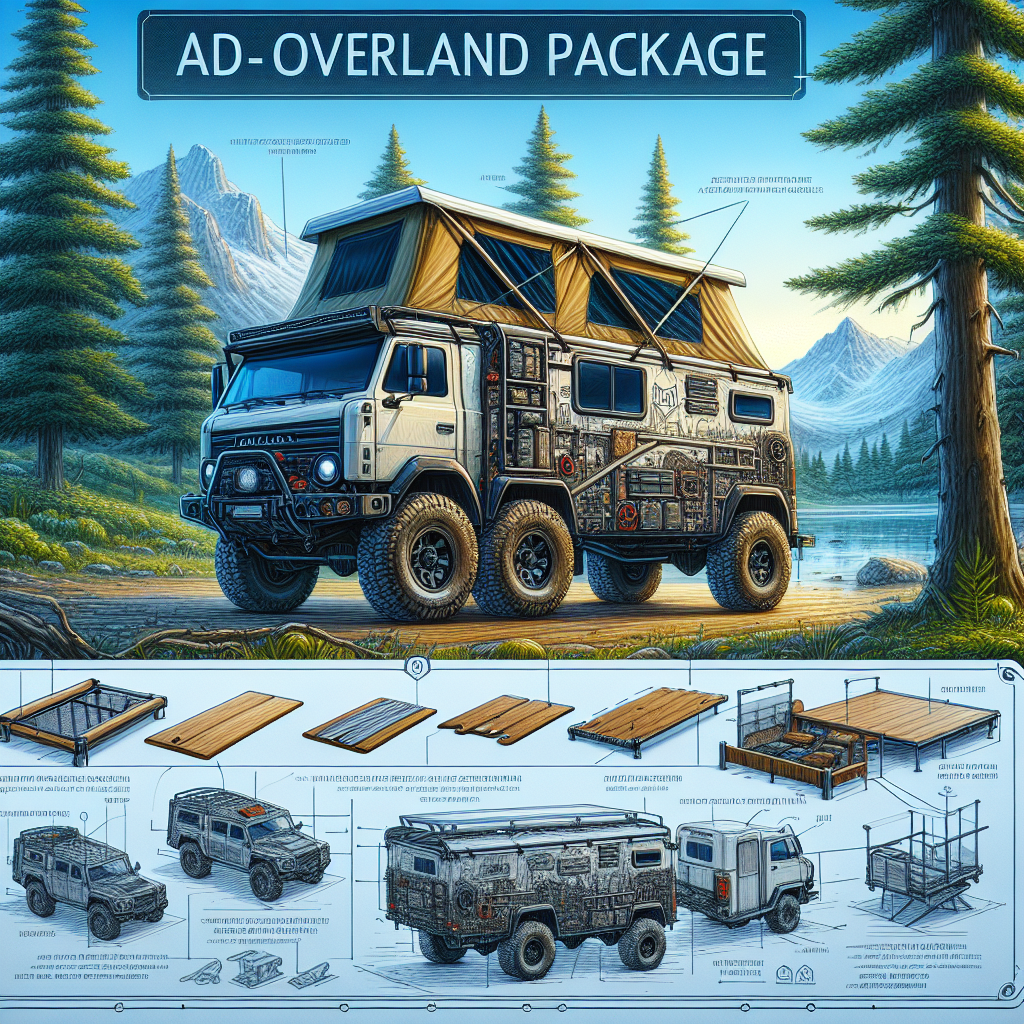 A detailed visual representation of the Adlar Overland Package, highlighting features such as the batwing awning and MOLLE boards.