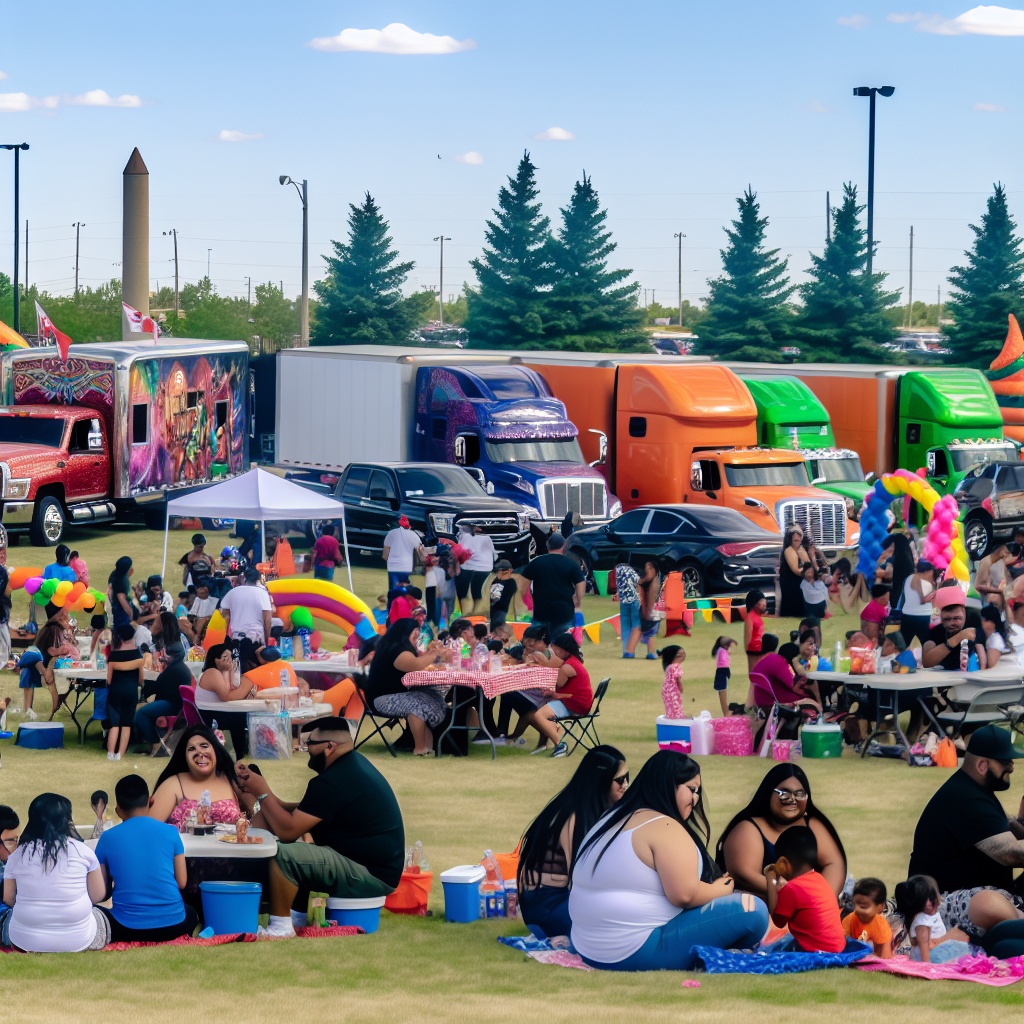 A warm community gathering at a truck appreciation event with families and children enjoying the atmosphere.