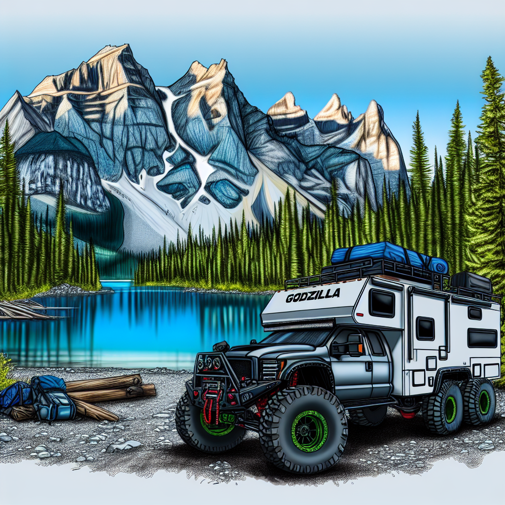 Godzilla truck camper rig parked in a scenic outdoor setting, showcasing its suitability for adventure travel and exploration.
