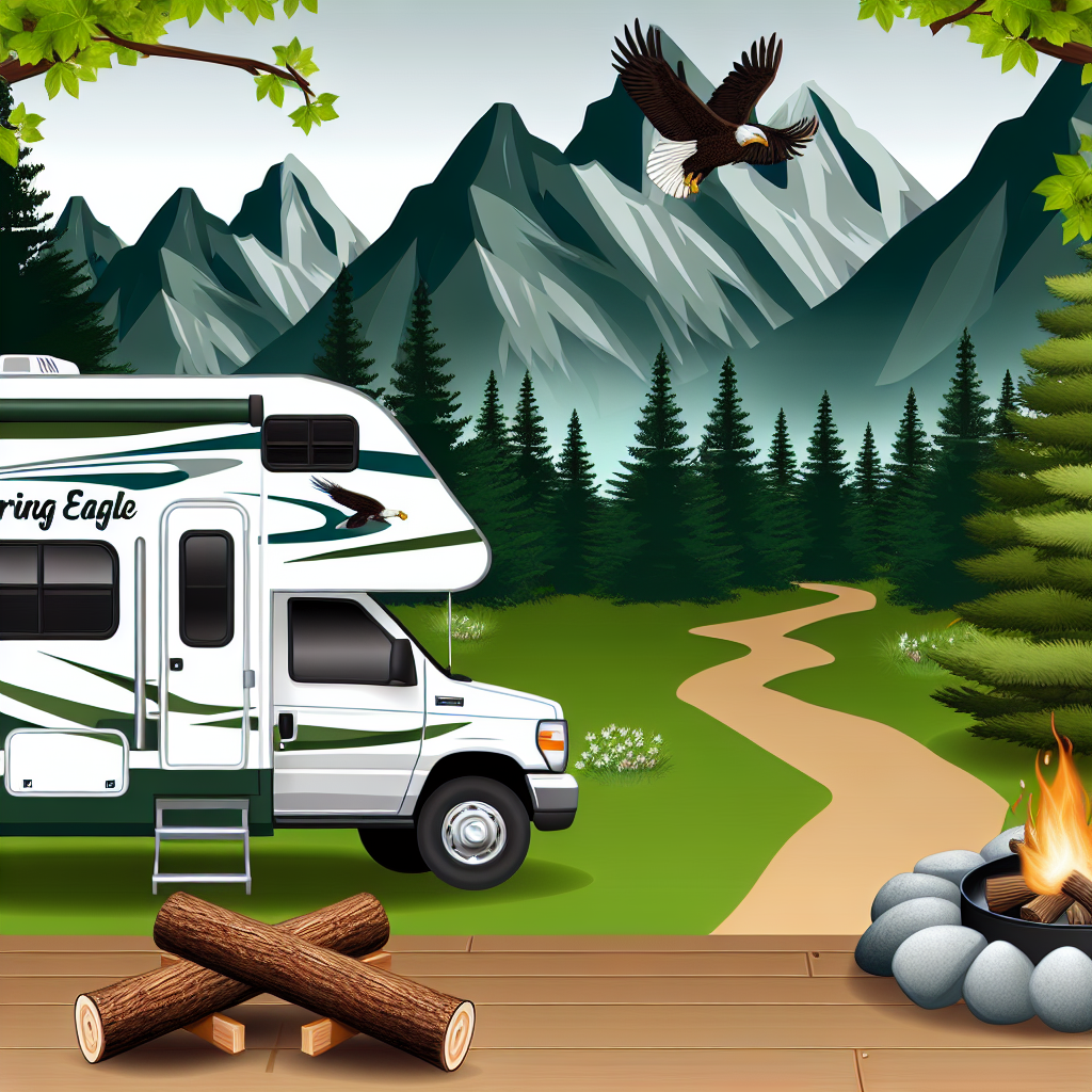 An outdoor scene featuring a Soaring Eagle camper, surrounded by a picturesque landscape with mountains and trees, creating an atmosphere of adventure and exploration.
