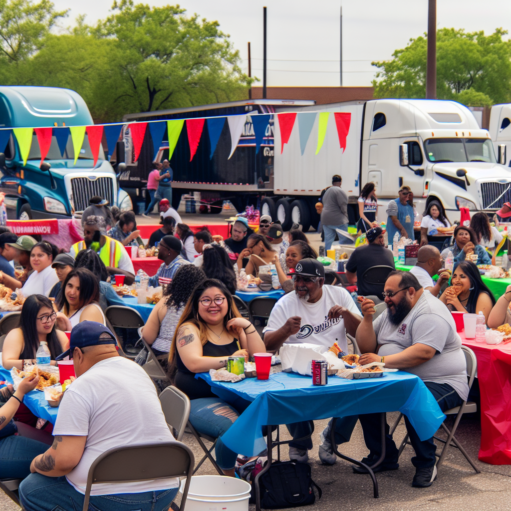 A vibrant community gathering celebrating National Trucking Week, featuring people socializing over food and trucks in a festive atmosphere.