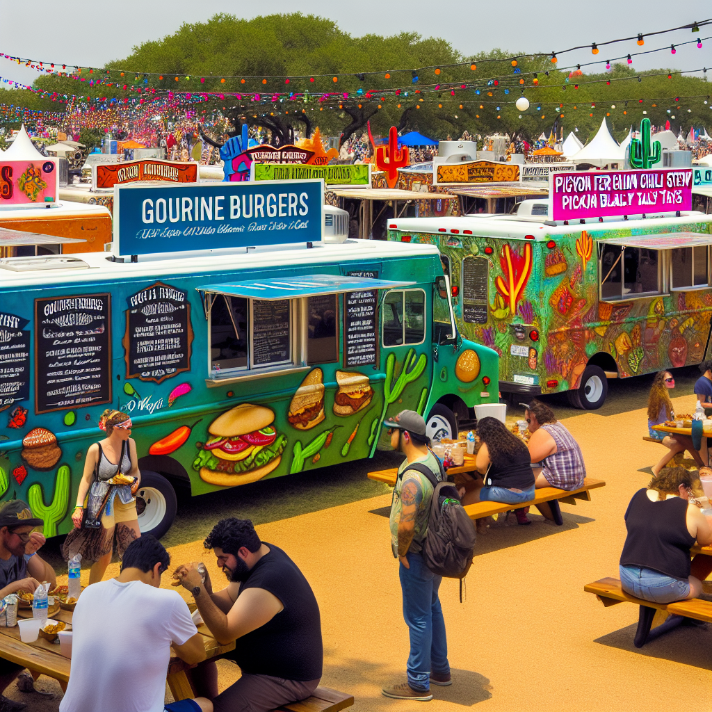 A vibrant food festival scene showcasing various food trucks with delicious dishes being served and enthusiastic festival-goers enjoying their meals.