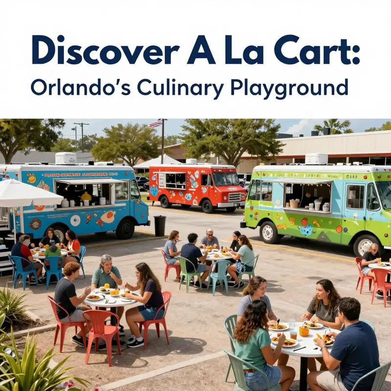 A lively view of A La Cart showcasing the vibrant food truck scene against a beautiful Florida backdrop.