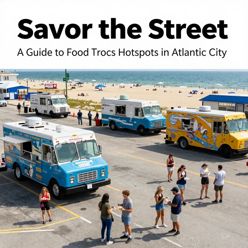 A lively scene of food trucks in Atlantic City, showcasing customer interactions and iconic attractions.