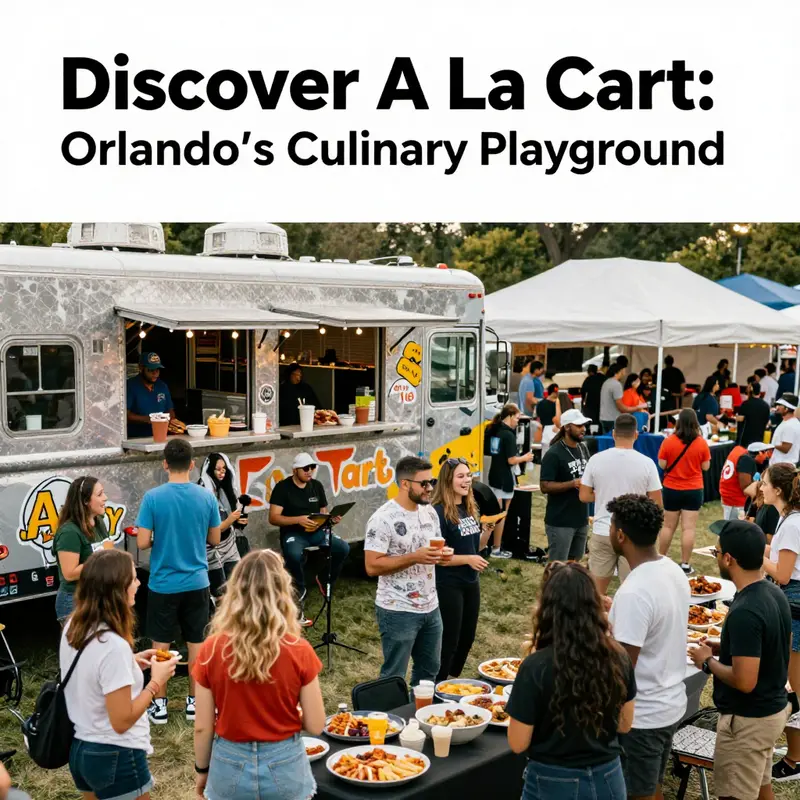 A lively view of A La Cart showcasing the vibrant food truck scene against a beautiful Florida backdrop.