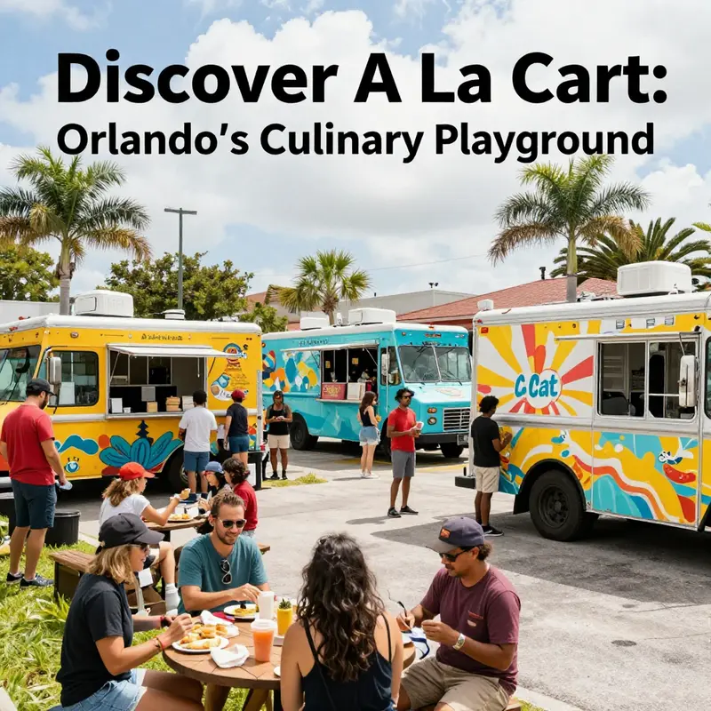 The bustling food truck venue A La Cart in Orlando, showcasing the lively atmosphere and diverse food options.