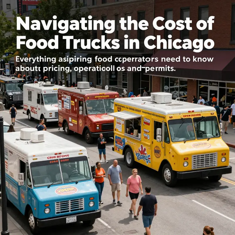 A bustling Chicago street with a variety of food trucks serving happy customers, illustrating the city's vibrant food scene.