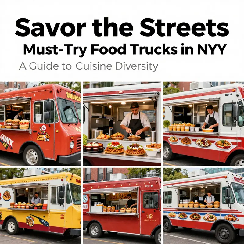A bustling NYC street filled with diverse food trucks offering a variety of global flavors.