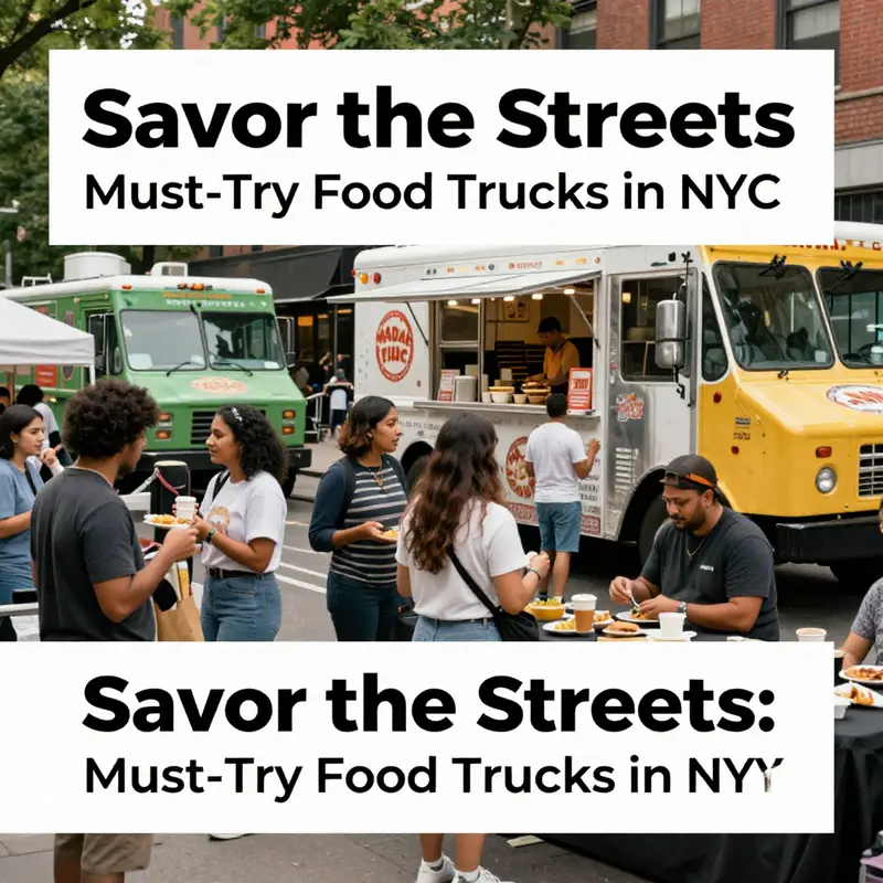 A bustling NYC street filled with diverse food trucks offering a variety of global flavors.