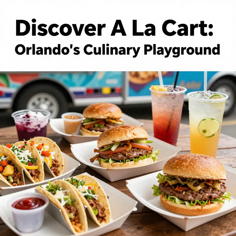 A lively view of A La Cart showcasing the vibrant food truck scene against a beautiful Florida backdrop.