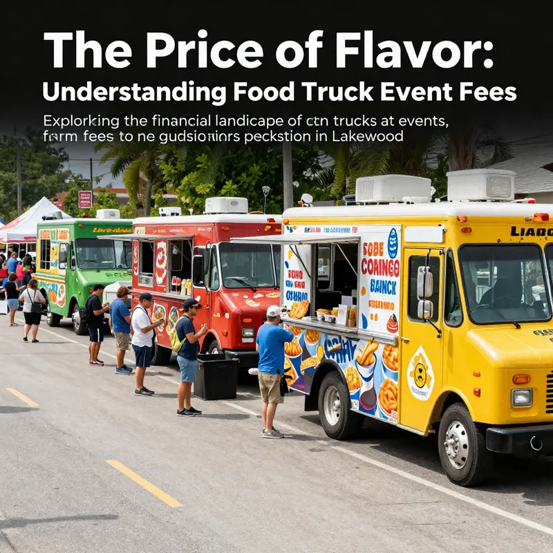 A colorful scene of a community food truck event with diverse people enjoying different meals from multiple trucks.