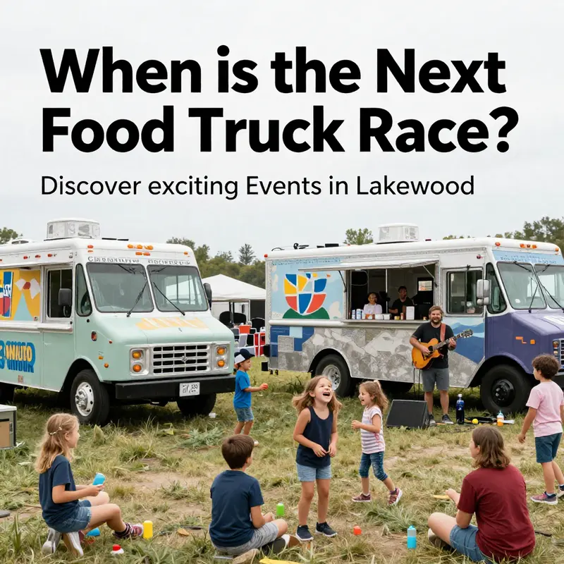 A lively food truck race event in Lakewood, capturing the enthusiasm and community spirit.