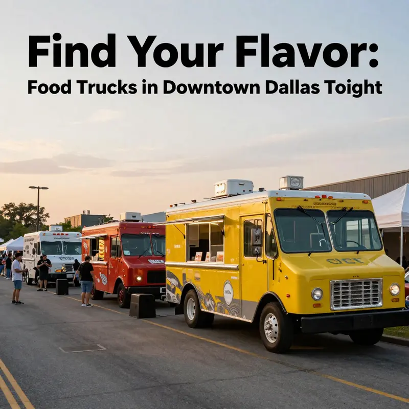 The lively atmosphere of downtown Dallas featuring vibrant food trucks ready to serve tonight.