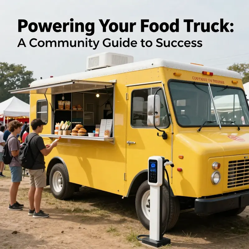 A food truck utilizing an external power supply at a bustling local festival.