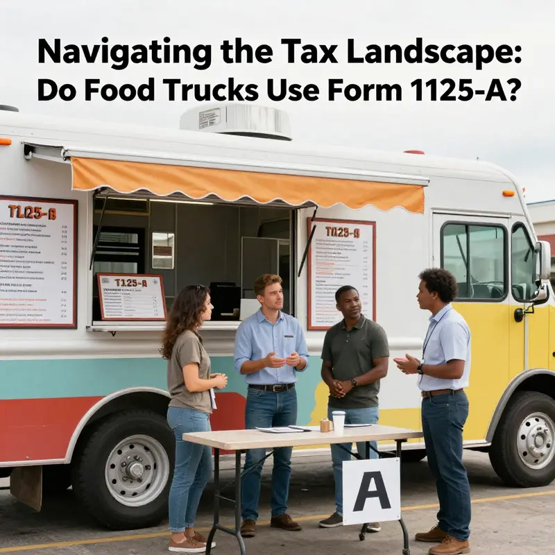 A food truck centered in a bustling Lakewood street, with tax discussions being held nearby about Form 1125-A.