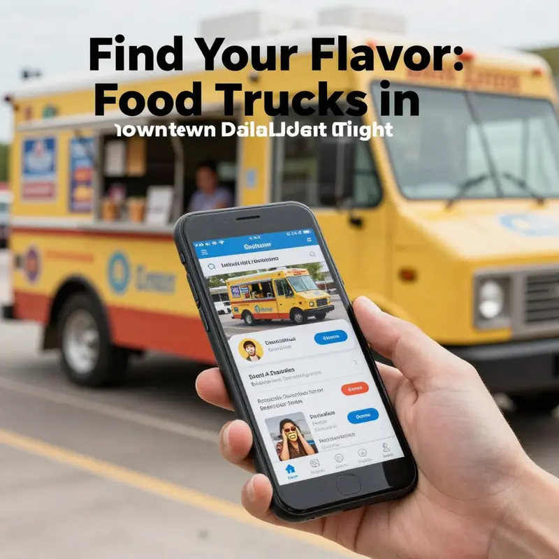 The lively atmosphere of downtown Dallas featuring vibrant food trucks ready to serve tonight.