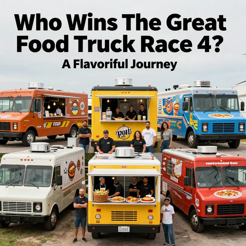 The bustling atmosphere of The Great Food Truck Race, with various trucks competing for culinary glory.