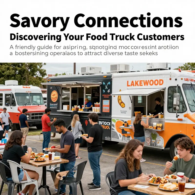 A lively food truck gathering in Lakewood with customers enjoying various cuisines.