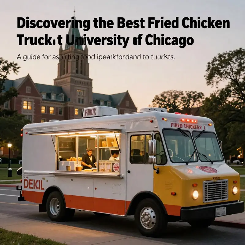 A food truck illuminated by sunset, set against the University of Chicago's campus, representing the vibrant food culture.