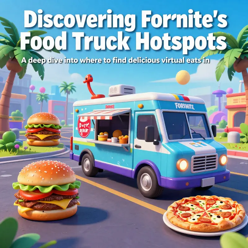 A colorful collage illustrating Fortnite food trucks, including Durr Burger, Fork Knife, and Pizza Pit, set in an animated gameplay environment.