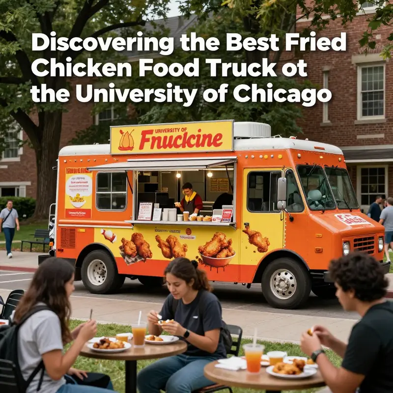 The lively atmosphere of the food truck at the University of Chicago, where students gather for a taste of delicious fried chicken.