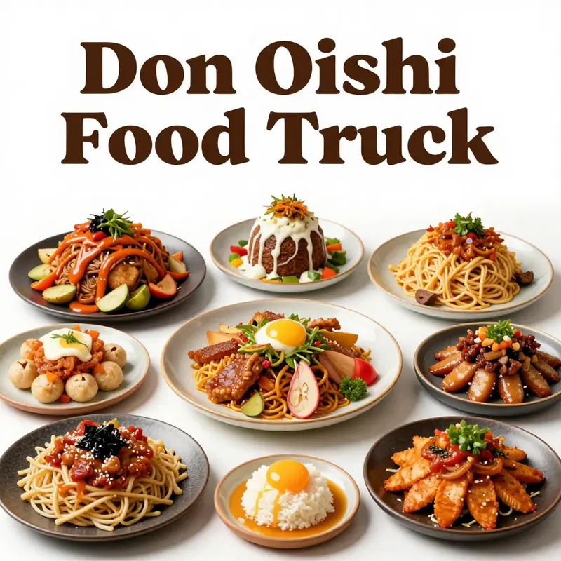 A tempting selection of signature dishes from Don Oishi Food Truck, representing the vibrant flavors of their Japanese fusion menu.