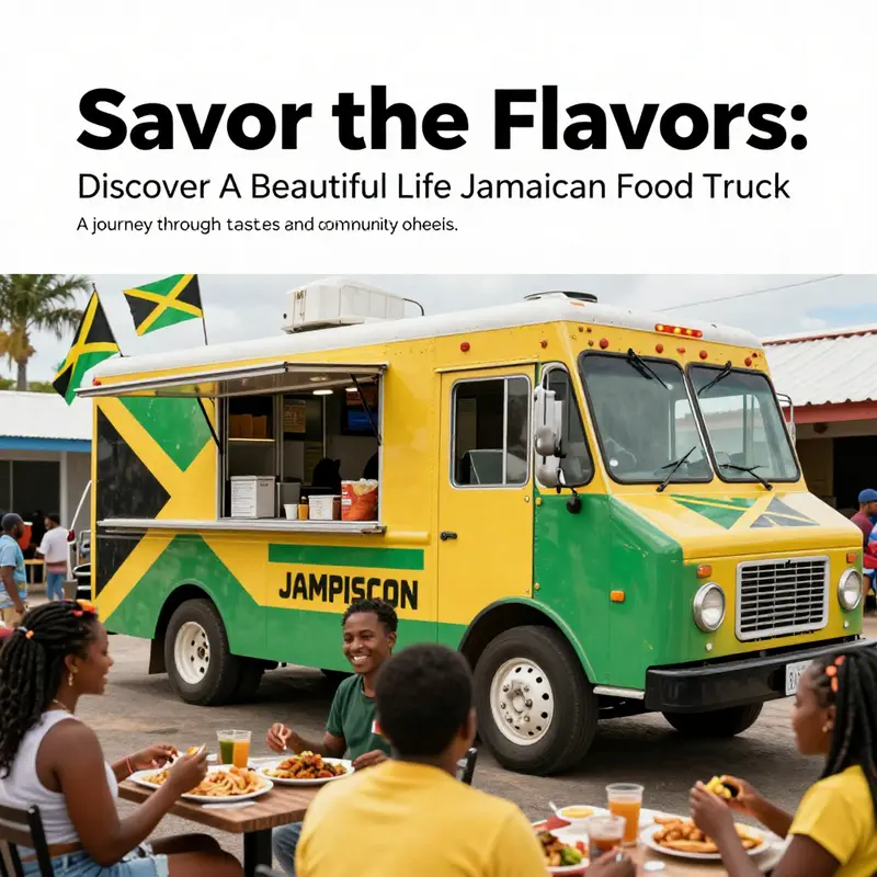 A cheerful food truck representing the spirit of Jamaican cuisine, with customers relishing their meals in a vibrant setting.