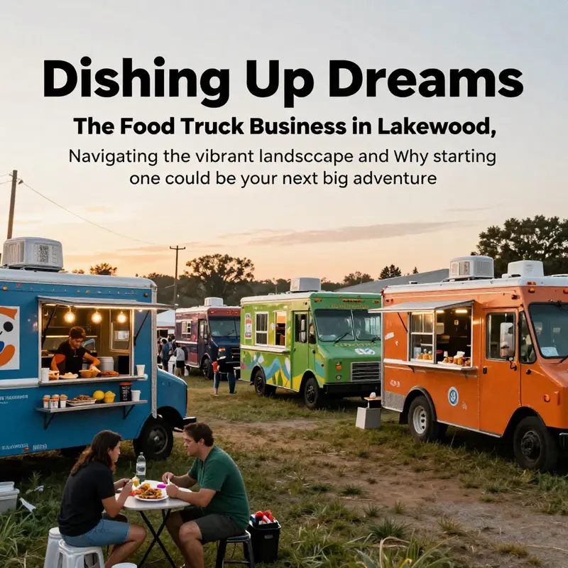 A vibrant food truck festival at sunset with families and friends enjoying diverse food offerings.