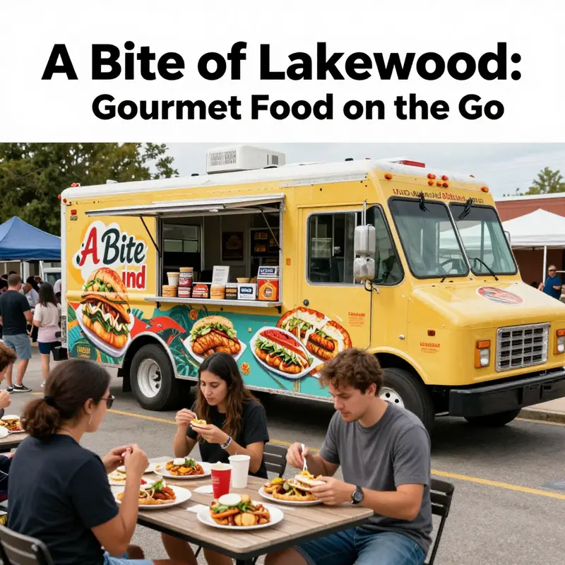 A vibrant food truck scene in Lakewood consisting of A Bite Food Truck and happy customers enjoying gourmet meals.