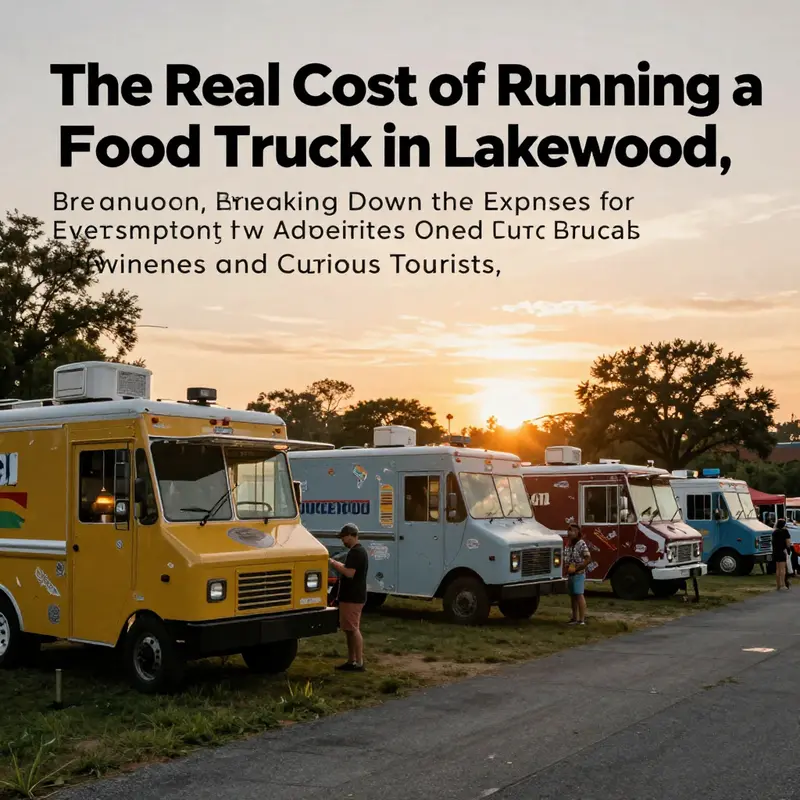 Colorful food trucks at a Lakewood event during sunset, symbolizing the vibrant food truck culture and community engagement.