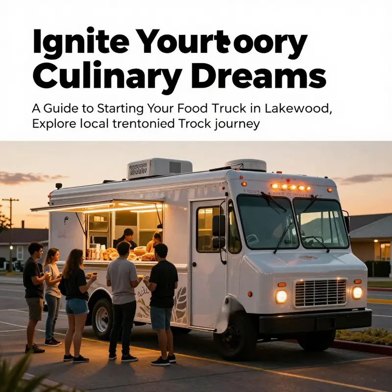 A food truck vibrant with lights at sunset in Lakewood, surrounded by smiling customers.