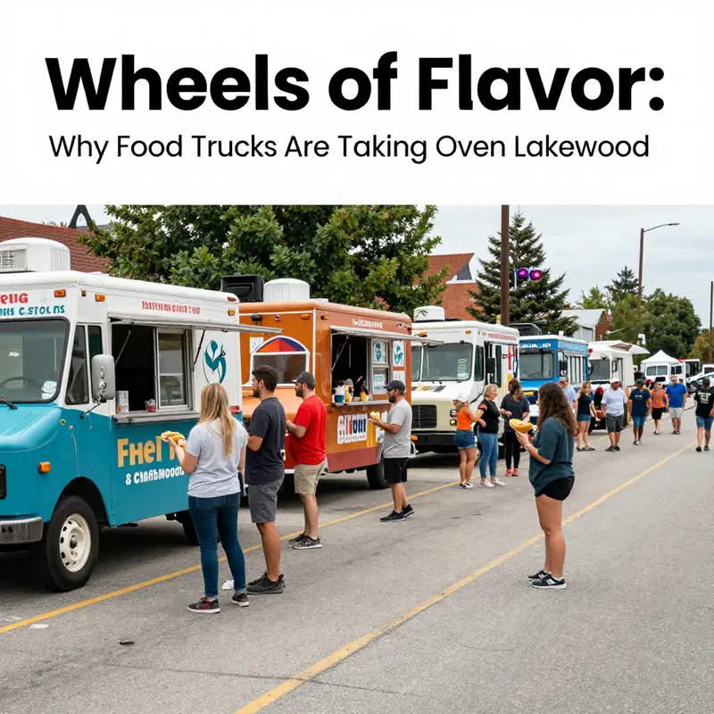 A vibrant food truck festival in Lakewood with diverse food options and a happy crowd enjoying the festivities.