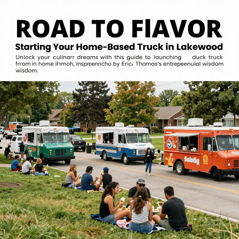 A lively food truck park in Lakewood with crowds enjoying various cuisines.