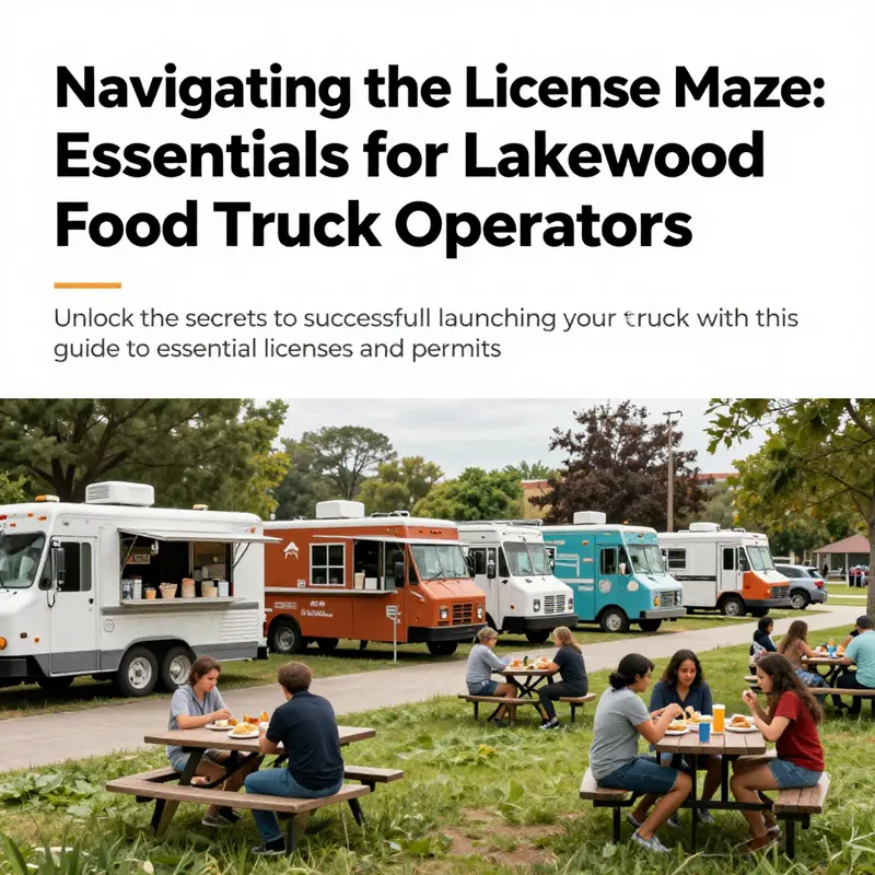 A picturesque view of food trucks in Lakewood Park where families and diners enjoy local food offerings.