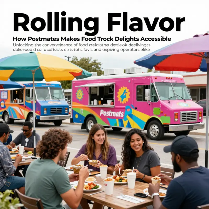 A lively food truck gathering in Lakewood, with Postmates delivery cars visible and people enjoying meals.