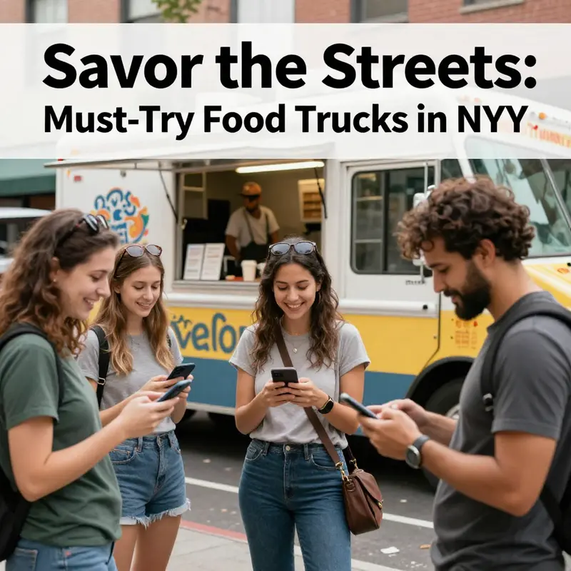 A bustling NYC street filled with diverse food trucks offering a variety of global flavors.