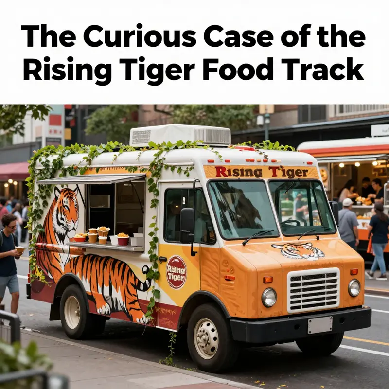 The empty Rising Tiger food truck, adorned with vines, represents the mystery of its unexplained disappearance.
