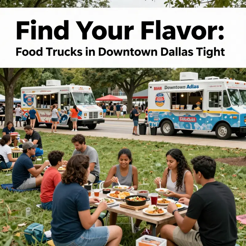 The lively atmosphere of downtown Dallas featuring vibrant food trucks ready to serve tonight.