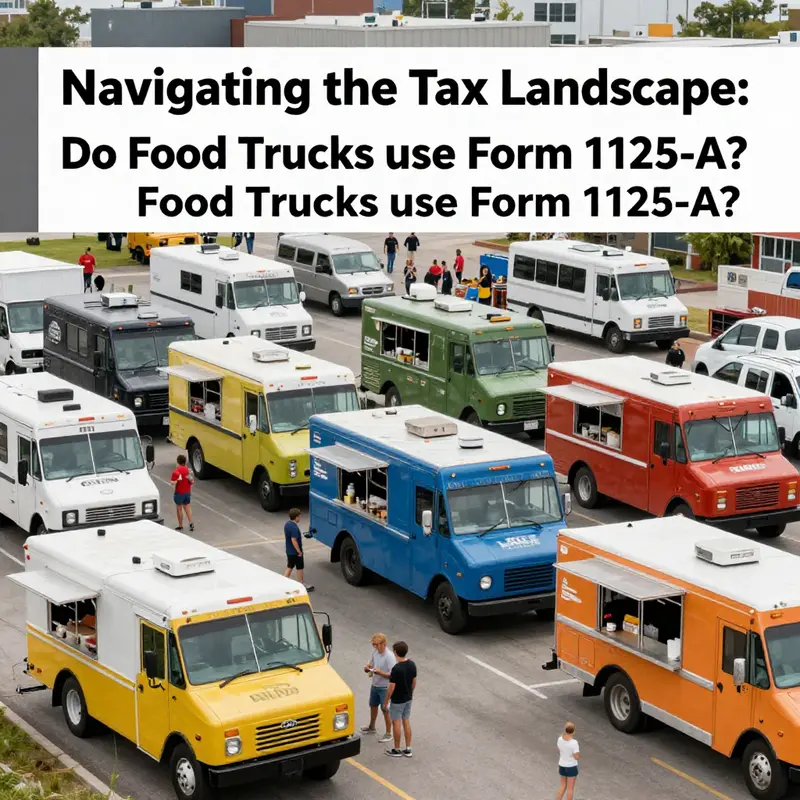 A food truck centered in a bustling Lakewood street, with tax discussions being held nearby about Form 1125-A.